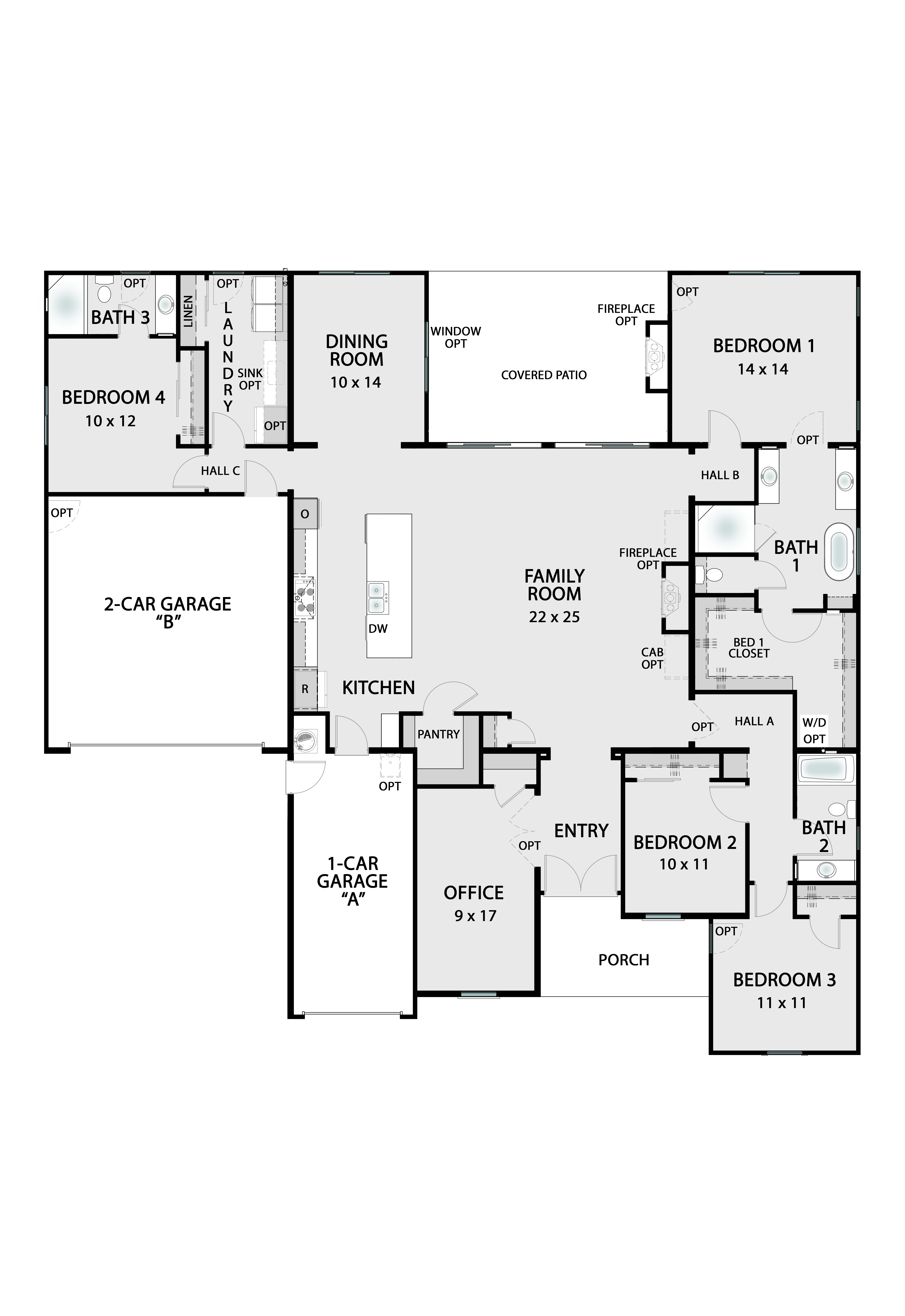 The Heirloom base floor plan — single-story 2,662 square foot home with 4 bedrooms, 3 bathrooms, 3-car garage, and open-concept great room with covered patio