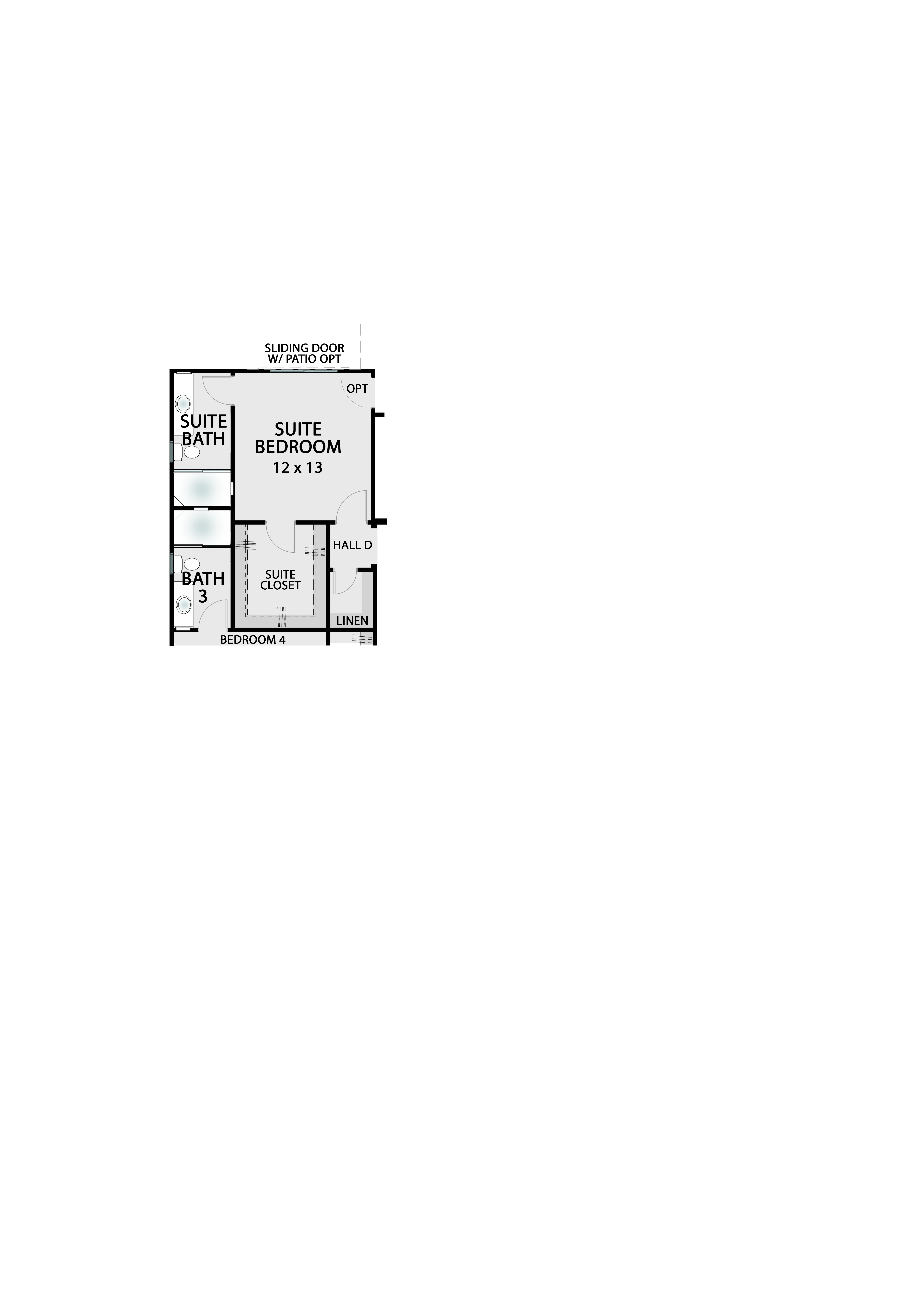 Suite Option structural overlay — converts the family room and Bath 3 into a private suite with bedroom, bath, and living space